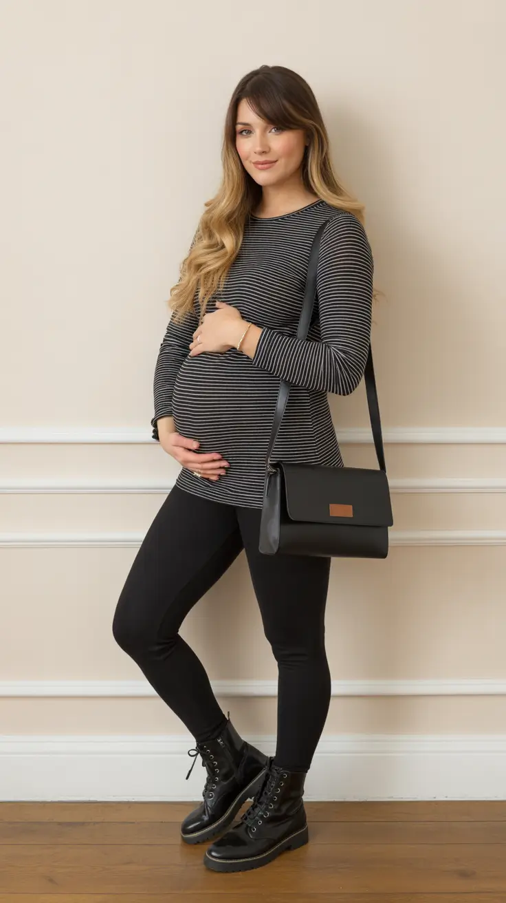 Stylish Pregnancy Outfits 2026 Striped Top And Combat Boots For Off Duty Days