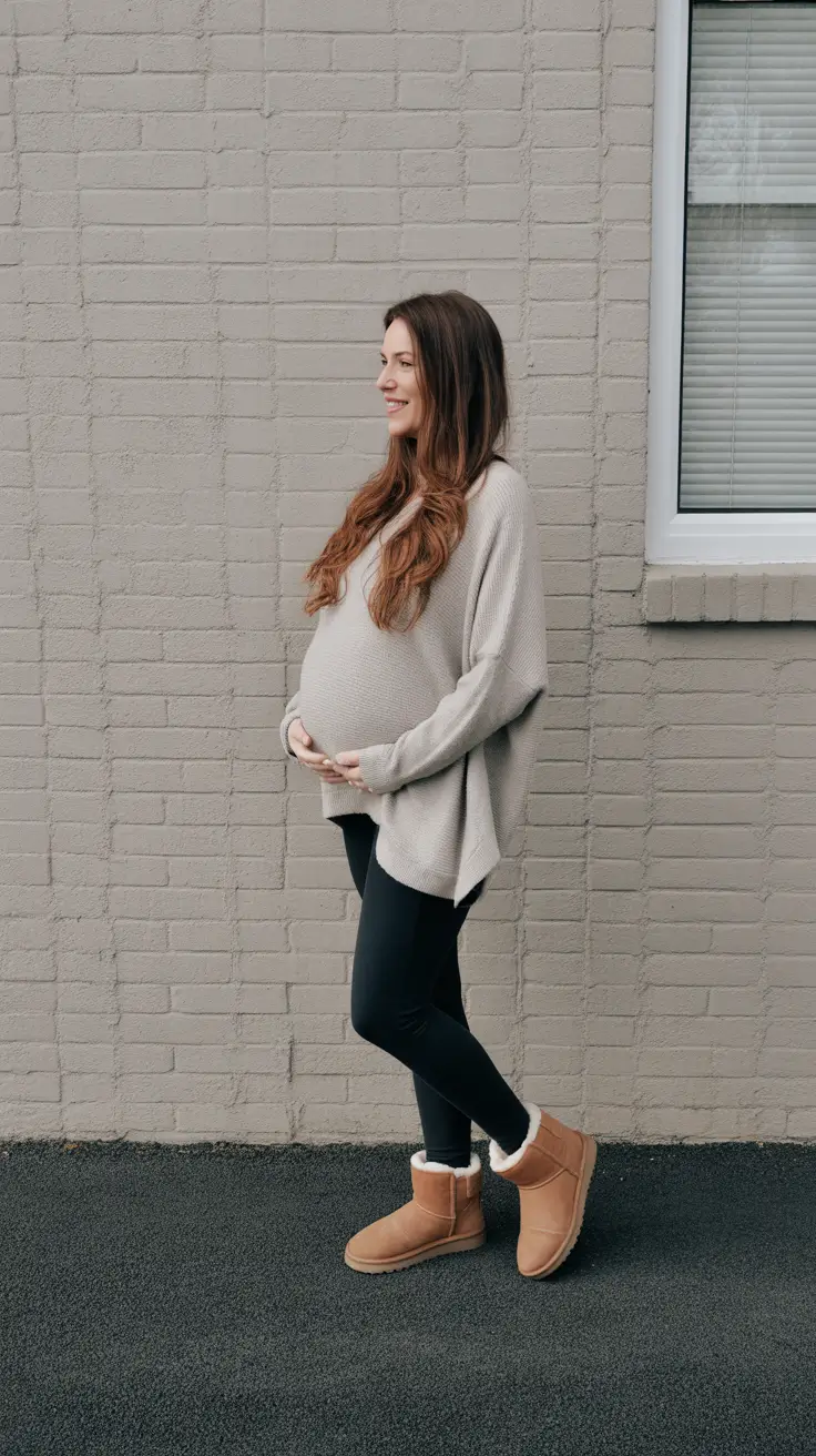 Stylish pregnancy outfits 2026 Soft Neutrals For Winter Errands