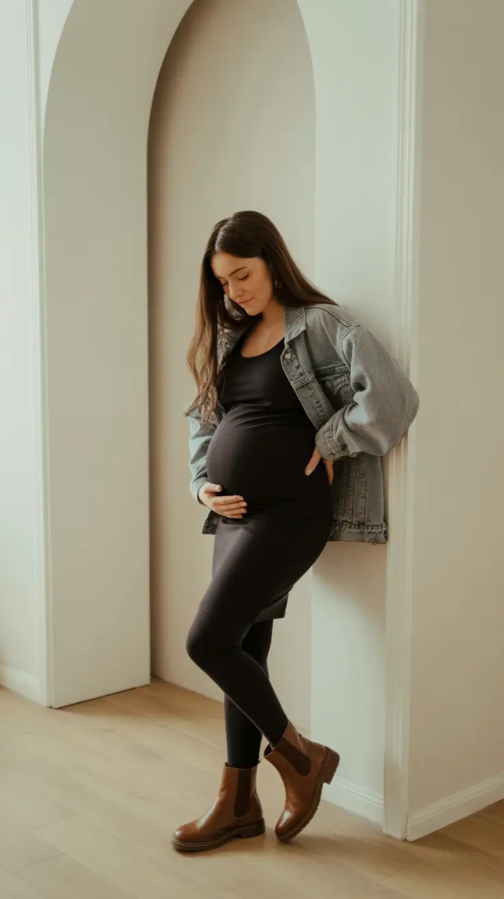 Stylish pregnancy outfits 2026 Denim Jacket Over Everyday Black Base
