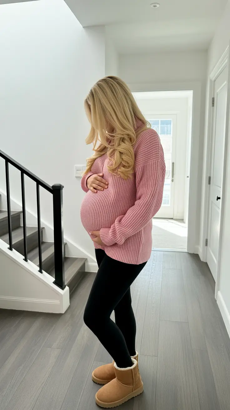 Stylish pregnancy outfits 2026 Pink Knit And Leggings For Cozy Winter Mornings