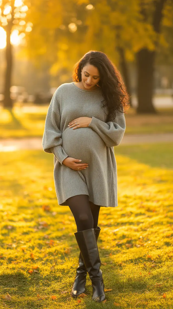 Stylish Pregnancy Outfits 2026 Oversized Knit And Boots For Golden Autumn Walks