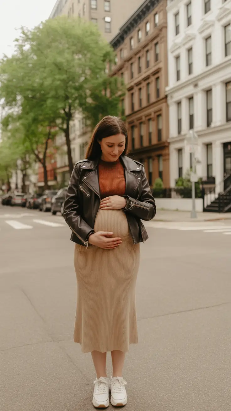 Stylish pregnancy outfits 2026 Leather Jacket And Knits For City Walks