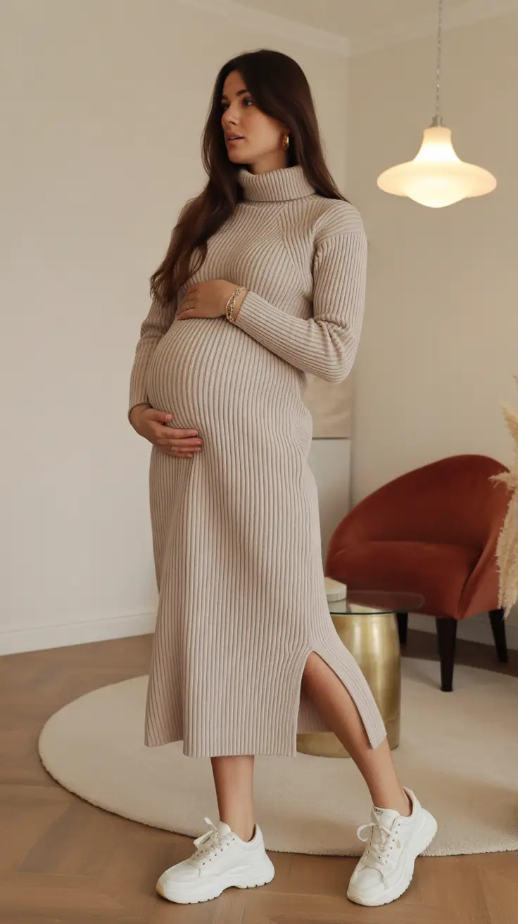 Stylish Pregnancy Outfits 2026 Soft Neutral Knit Dress With Sneakers Indoors
