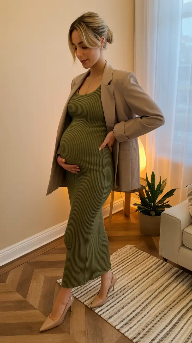Stylish Pregnancy Outfits 2026 Olive Ribbed Dress And Blazer For Smart Evenings