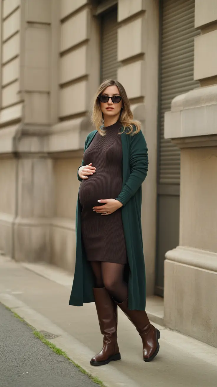 Stylish pregnancy outfits 2026 Forest Green Layers For Cool City Evenings