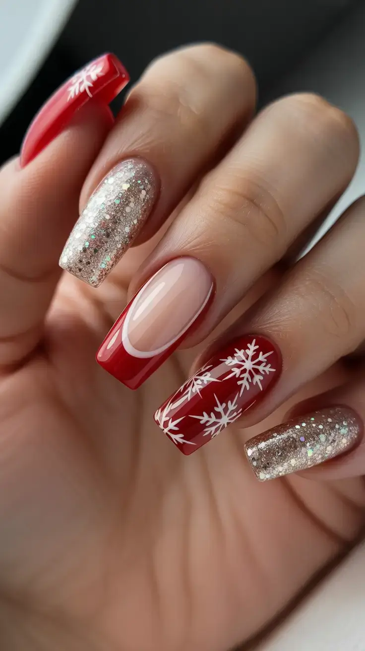 Red Nail Trends for Christmas 2025 Red Aura French With Gold-Glitter Glow