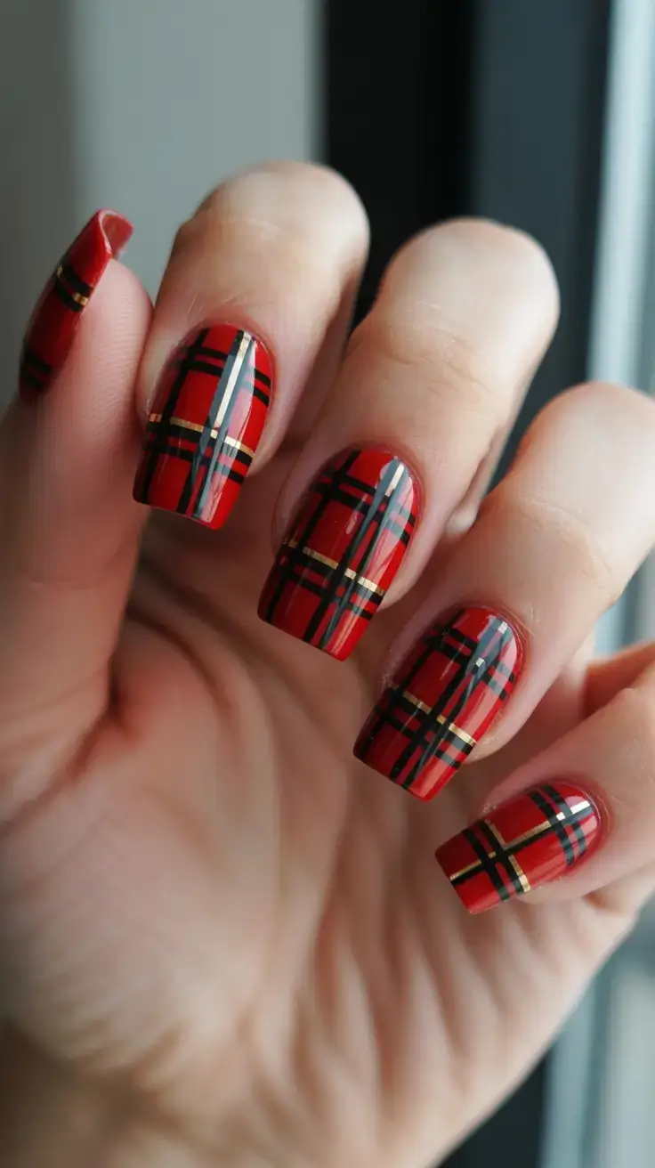 Red Nail Trends for Christmas 2025 Heritage Tartan on Glossy Reds
