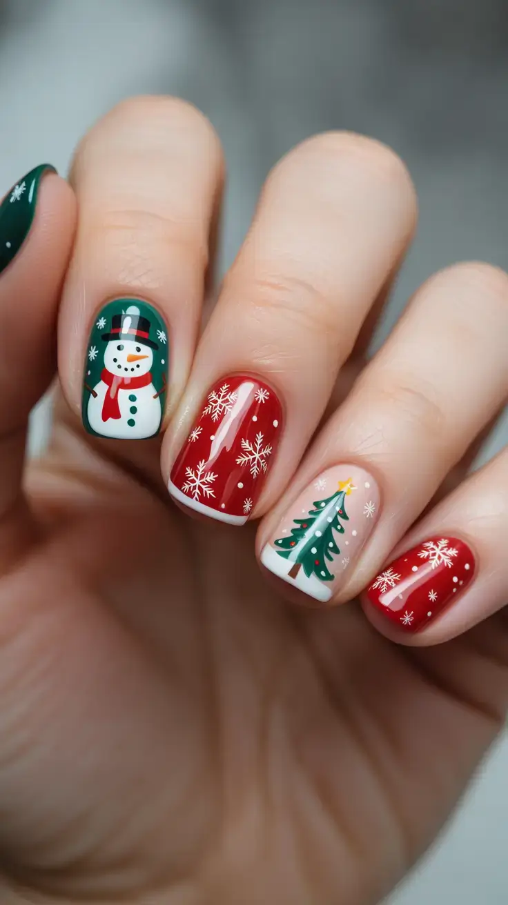 Red Nail Trends for Christmas 2025 Snowman Mix on Cozy Shorts