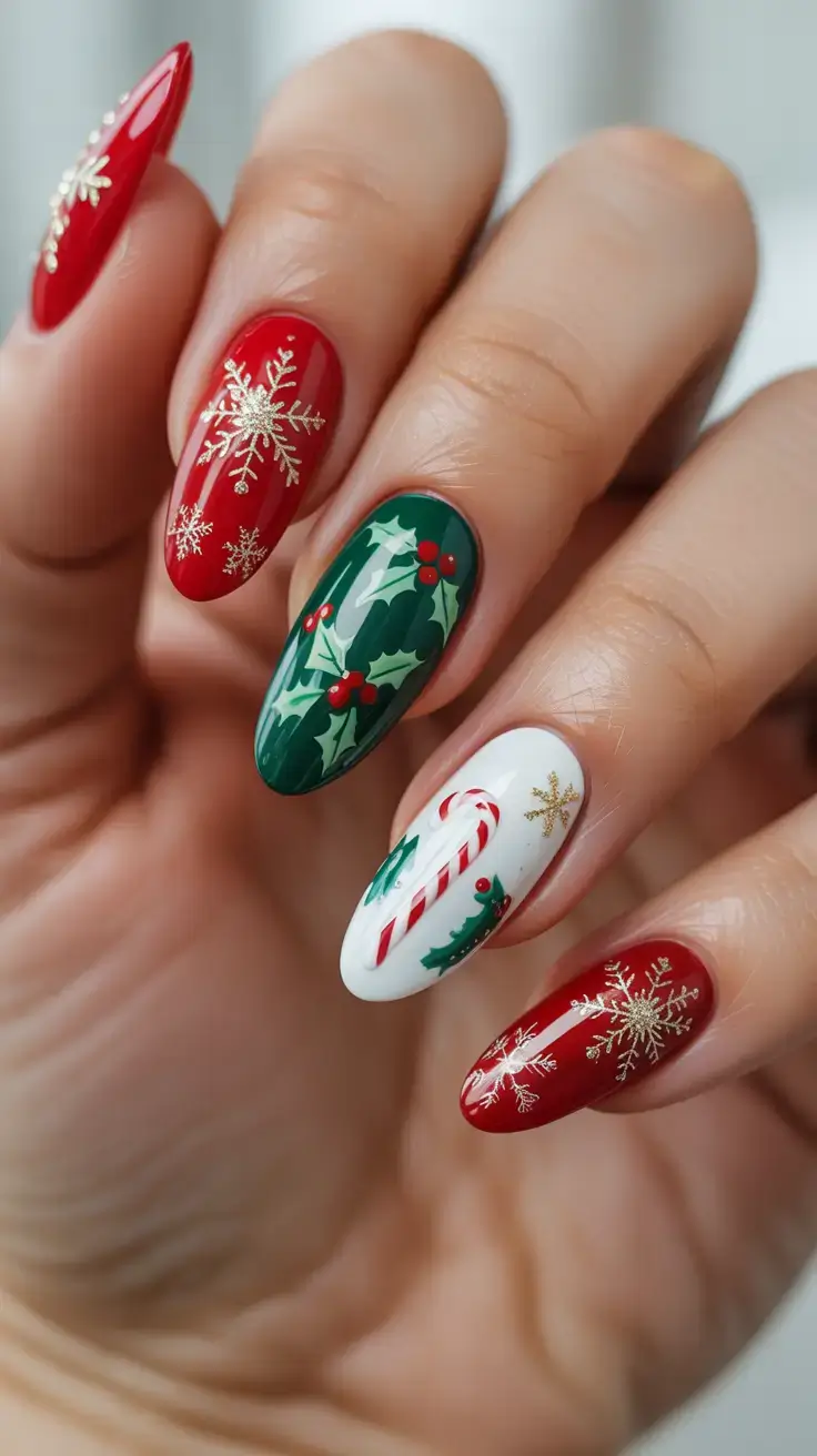 Red Nail Trends for Christmas 2025 Almond Reds with Gold Snowflakes and Candy Cane Pop