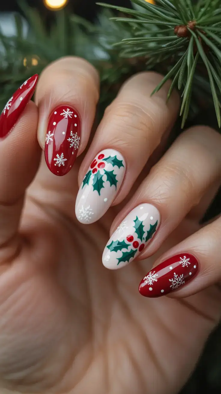 Red Nail Trends for Christmas 2025 Holly Berries on Soft Almands