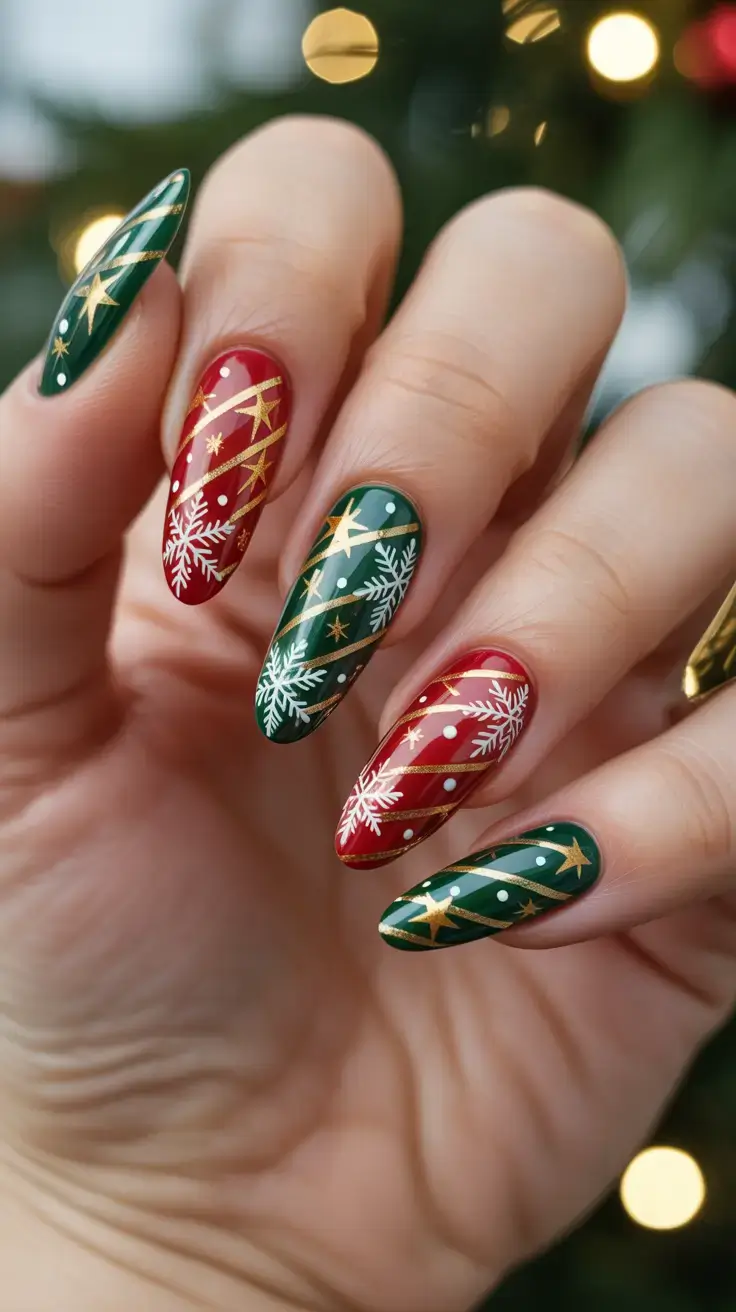 Red Nail Trends for Christmas 2025 Starry Ribbon Stripes in Red and Evergreen