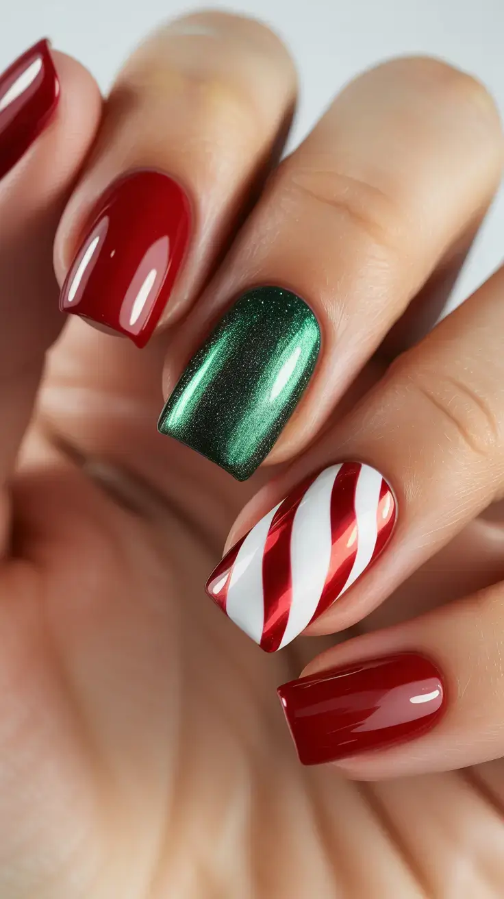 Red Nail Trends for Christmas 2025 Peppermint Pop with Metallic Green