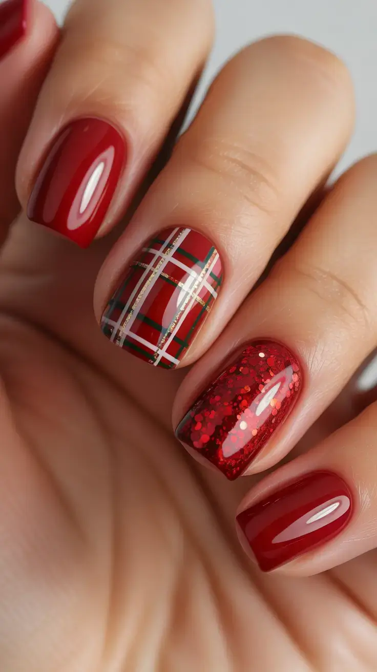 Red Nail Trends for Christmas 2025 Short Reds with Plaid and Sequin Sparkle
