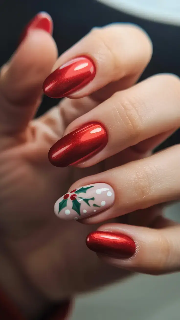 Red Nail Trends for Christmas 2025 Molten Cherry Red With Holly Accent