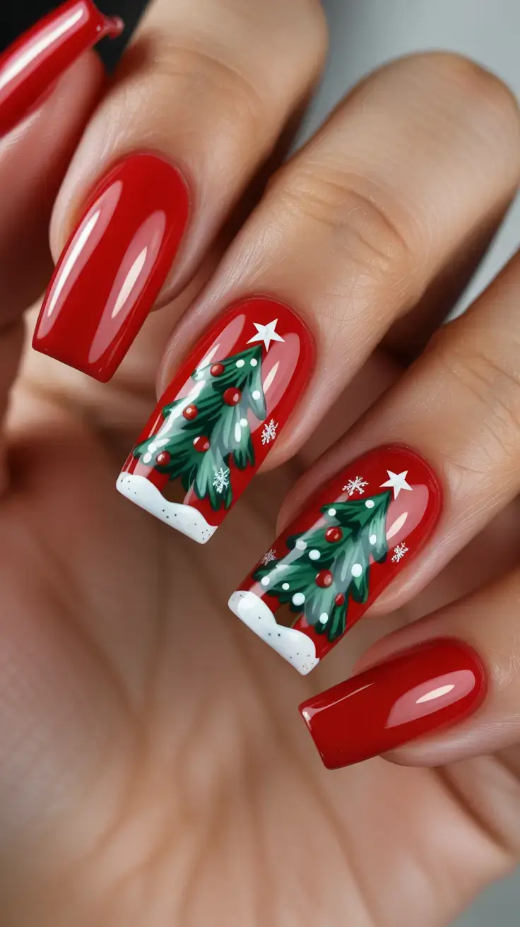 Red Nail Trends for Christmas 2025 Glam Red Squares With Evergreen Trees