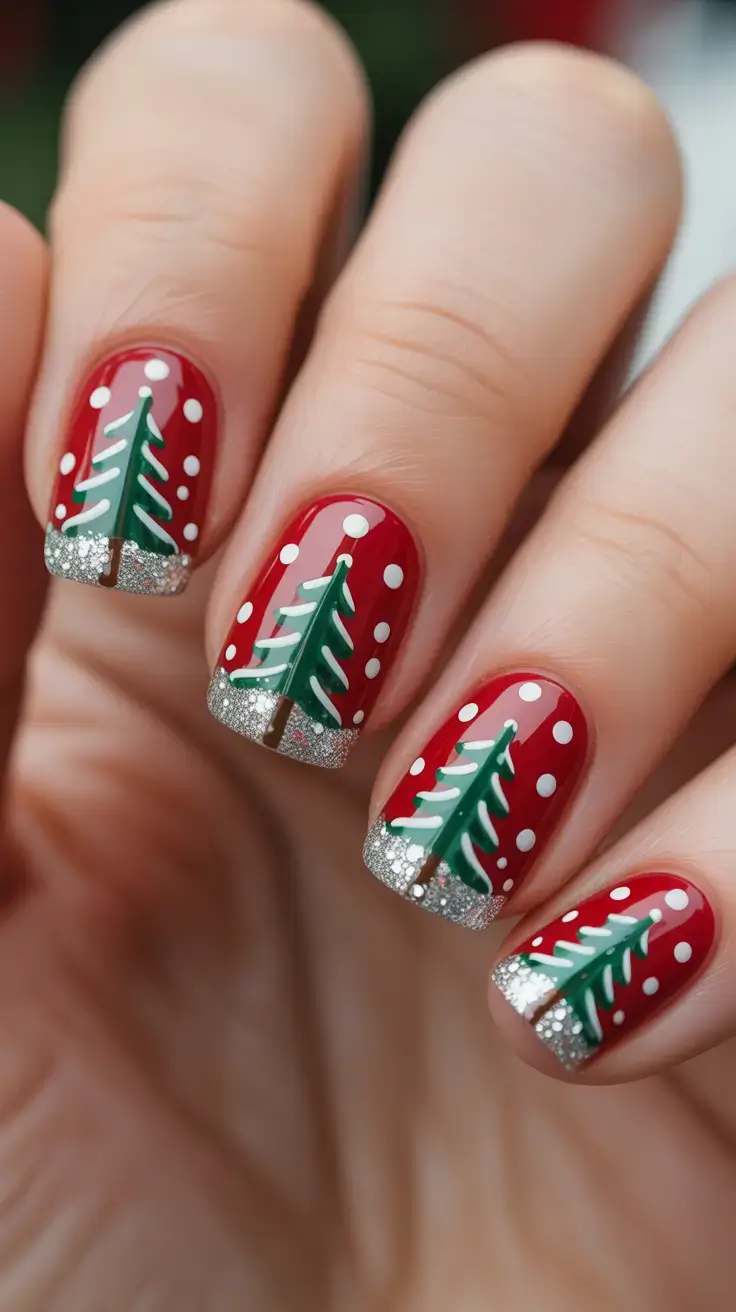 Red Nail Trends for Christmas 2025 Short Red Sprinkle Trees With Silver Tips