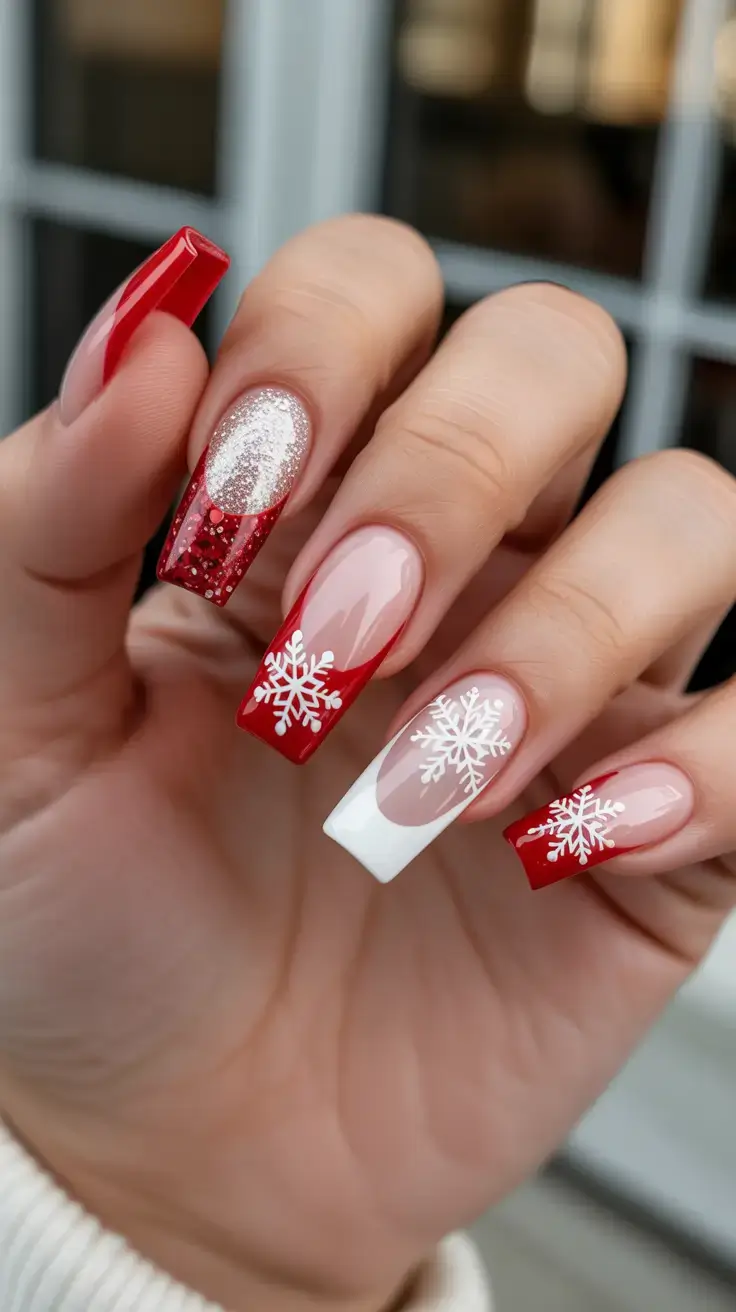 Red Nail Trends for Christmas 2025 Snowflake French On Modern Coffins