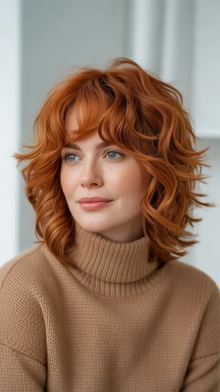 Modern shag hairstyles 2026 Soft Copper Medium Shag With Airy Bangs