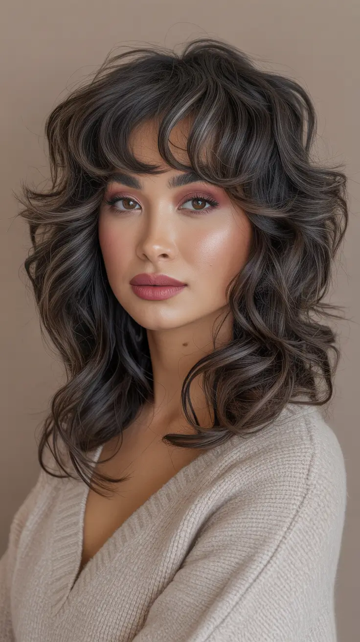 Modern shag hairstyles 2026 Voluminous Curls With Rounded Shag Bangs