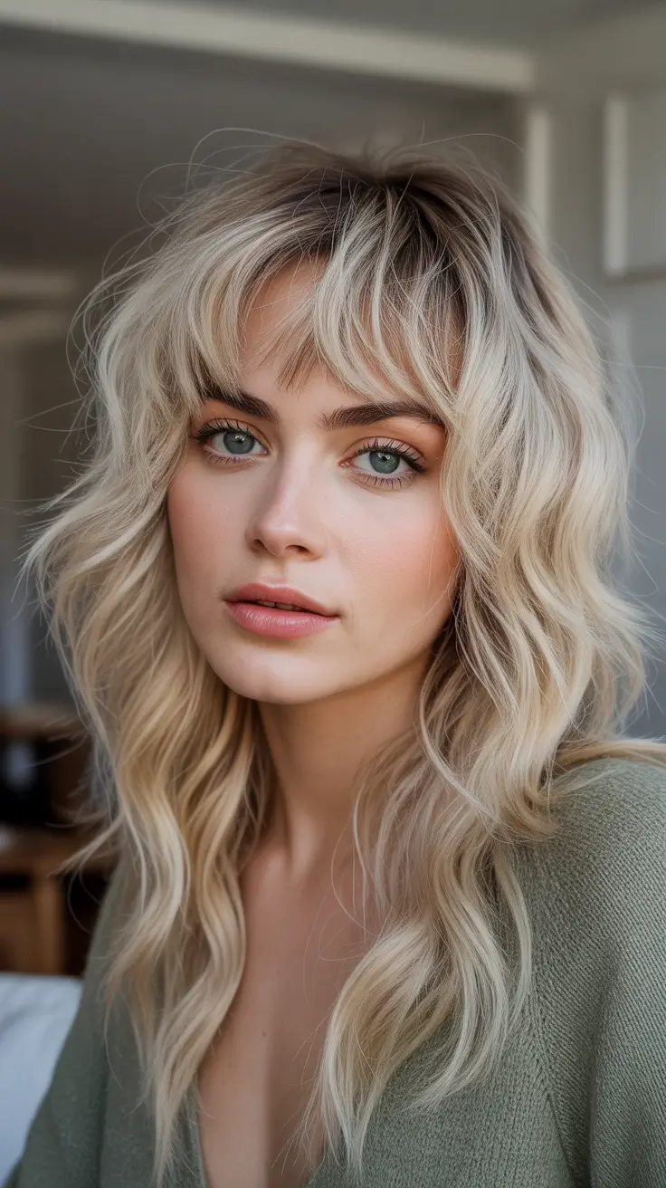 Modern shag hairstyles 2026 Beachy Blonde Long Shag With Feathered Fringe