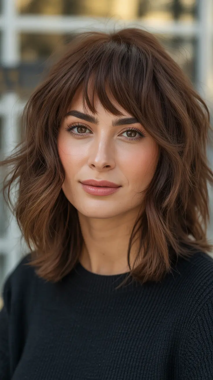 Modern shag hairstyles 2026 Warm Chestnut Shag Lob With Piecey Fringe