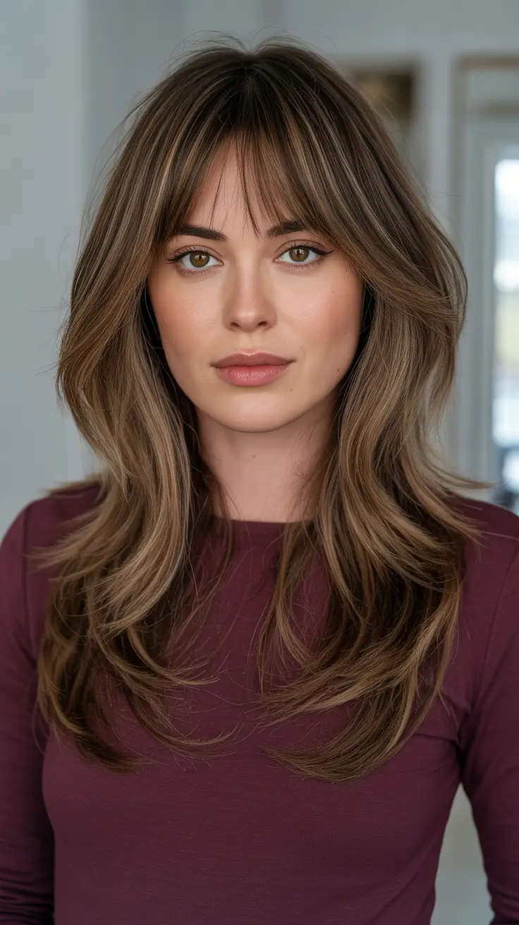 Modern shag hairstyles 2026 Sleek Layered Long Shag With Soft Curtain Fringe