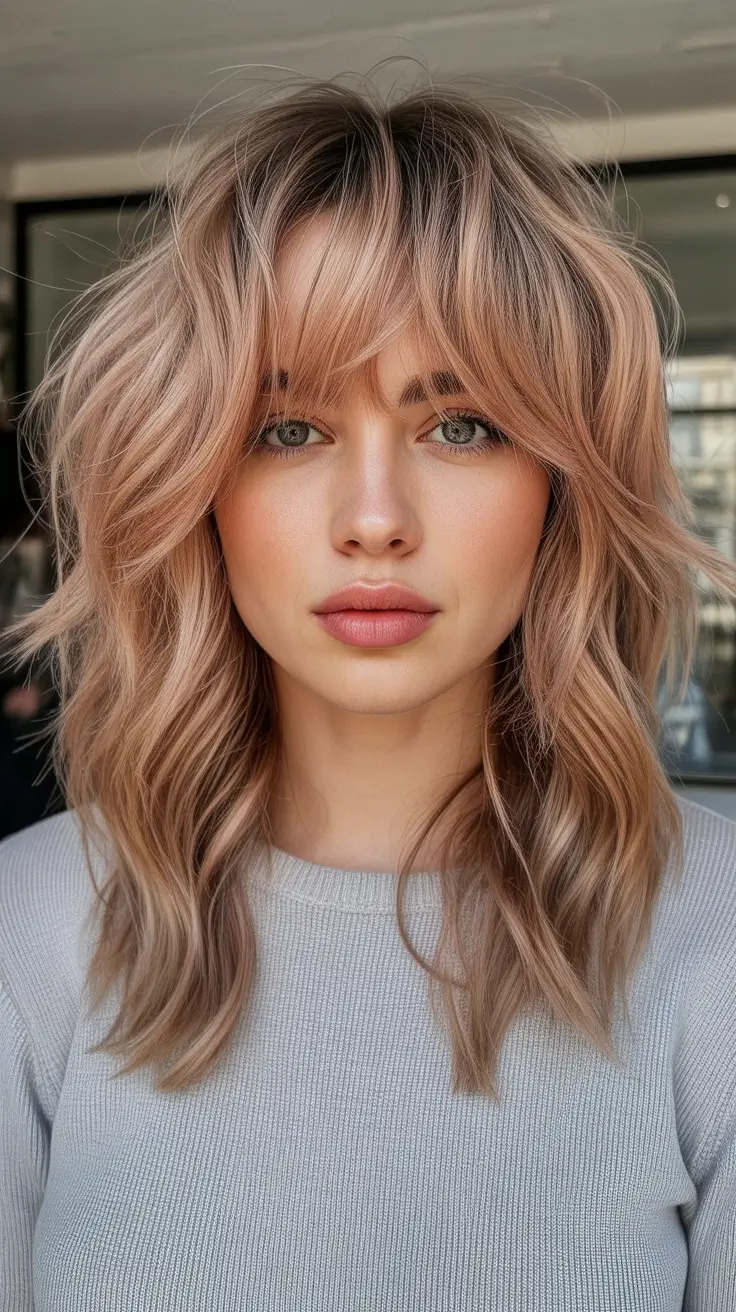 Modern Shag Hairstyles 2026 - Rosy Medium Shag With Feathered Fringe