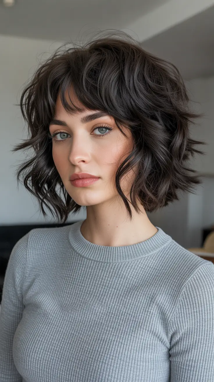 Modern shag hairstyles 2026 Short Dark Shag Bob With Choppy Fringe