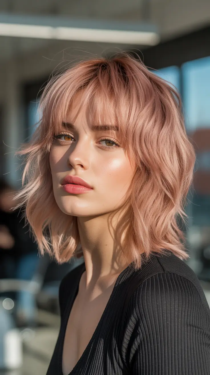 Modern shag hairstyles 2026 Rosy Pastel Shag Lob With Soft Bangs
