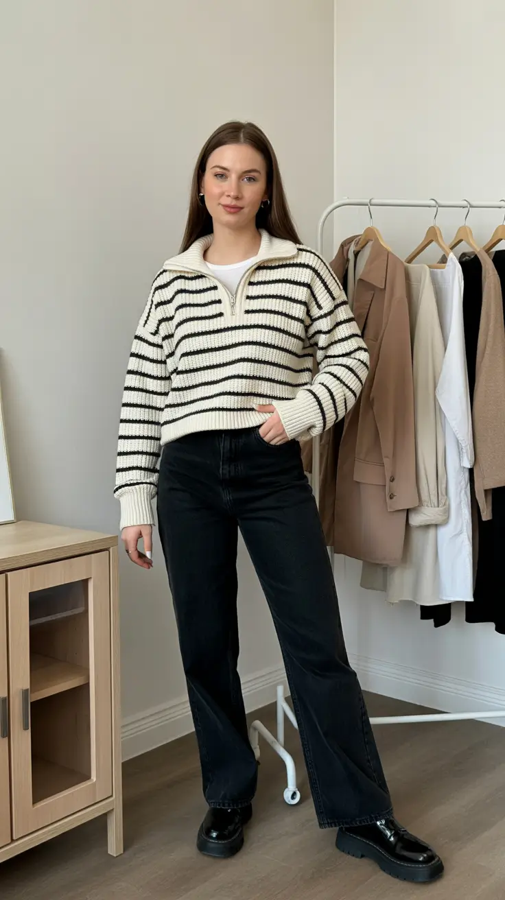 Fall sweater outfits 2026 - Striped Half-Zip With Ink Denim