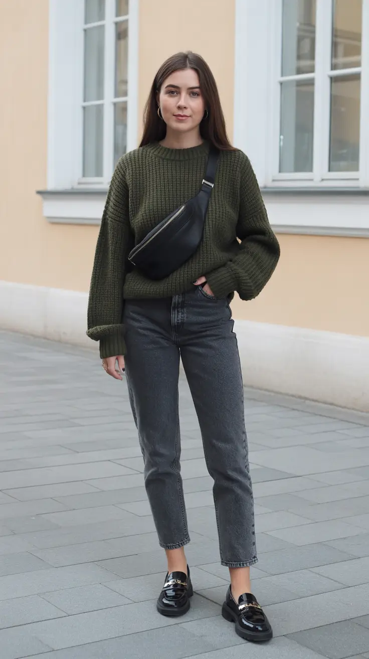 Fall sweater outfits 2026 - Olive Knit With Slate Denim