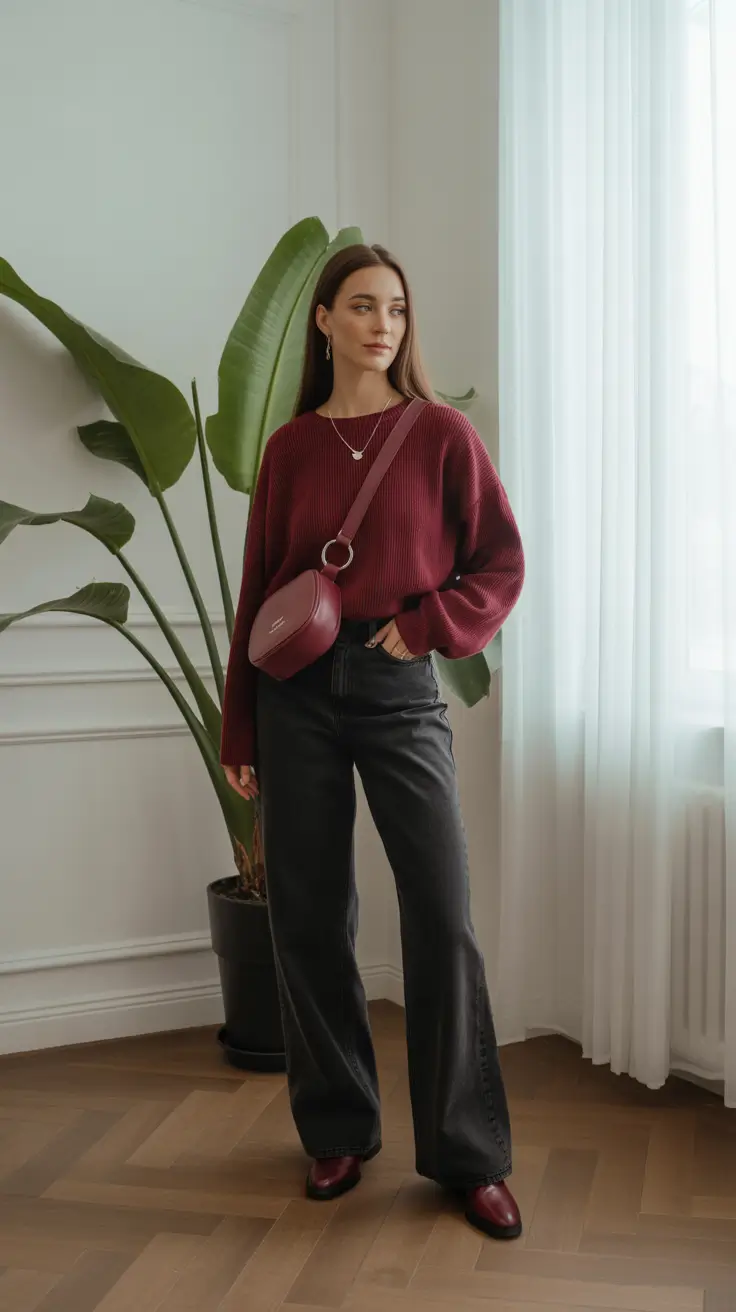 Fall sweater outfits 2026 - Burgundy Knit With Tonal Crossbody And Wide Black Denim