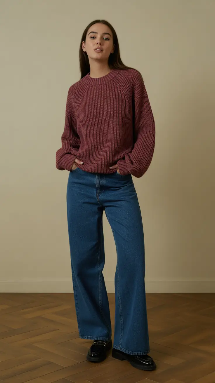 Fall sweater outfits 2026 - Raglan Burgundy Knit With Easy Blue Denim