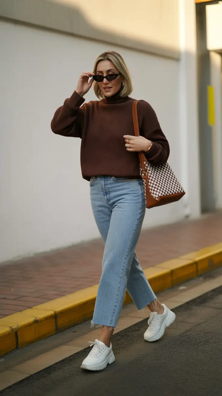 Fall sweater outfits 2026 - Cocoa Turtleneck And Crisp Light Denim Walkabout