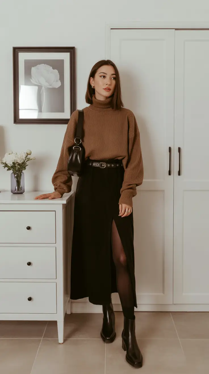 Fall sweater outfits 2026 - Mocha Turtleneck With Black Midi Slit