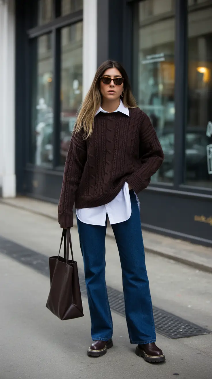 Fall sweater outfits 2026 - Chocolate Cable Over Crisp White Shirt