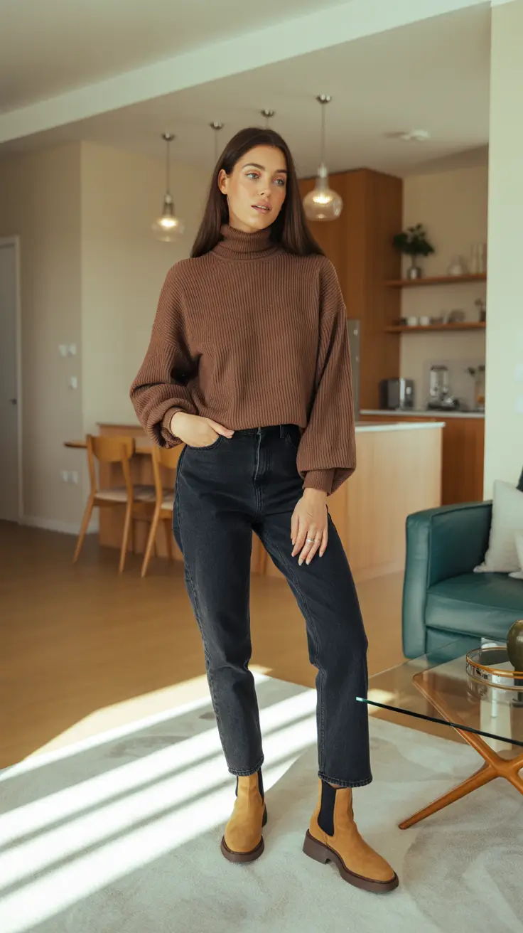 Fall sweater outfits 2026 - Cozy Cocoa Turtleneck With Caramel Chelsea Boots