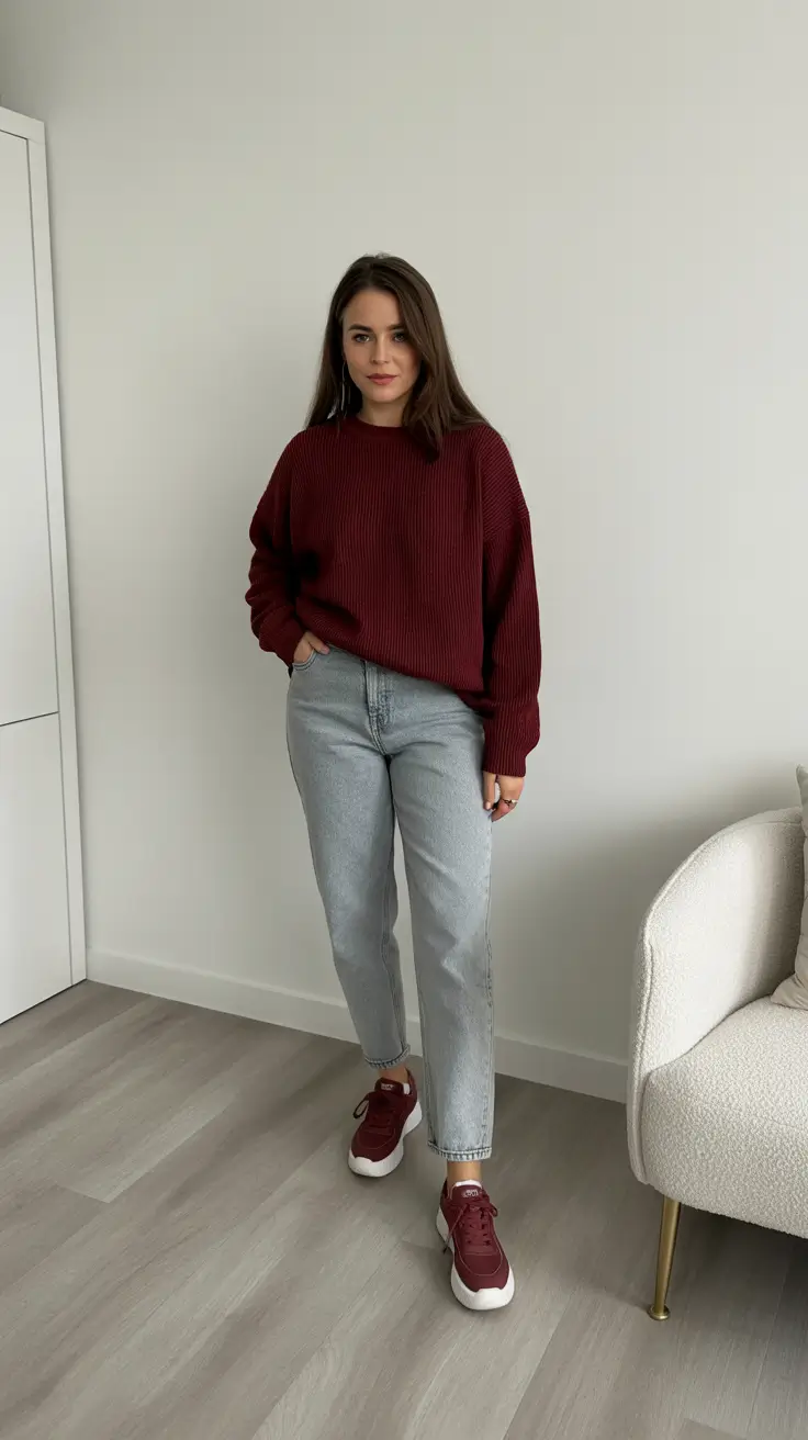 Fall sweater outfits 2026 - Burgundy Crew And Slate Jeans Weekend