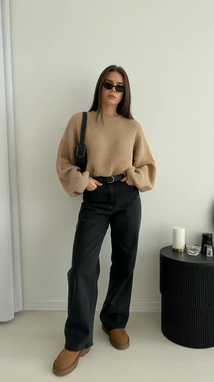 Fall sweater outfits 2026 - Minimal Beige Knit With Wide-Leg Denim