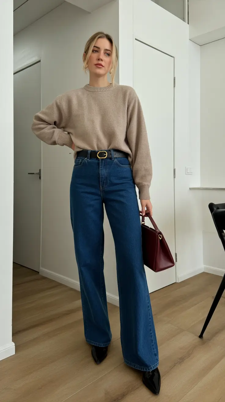 Fall sweater outfits 2026 - Office-Ready Taupe Sweater And Wide-Leg Indigo