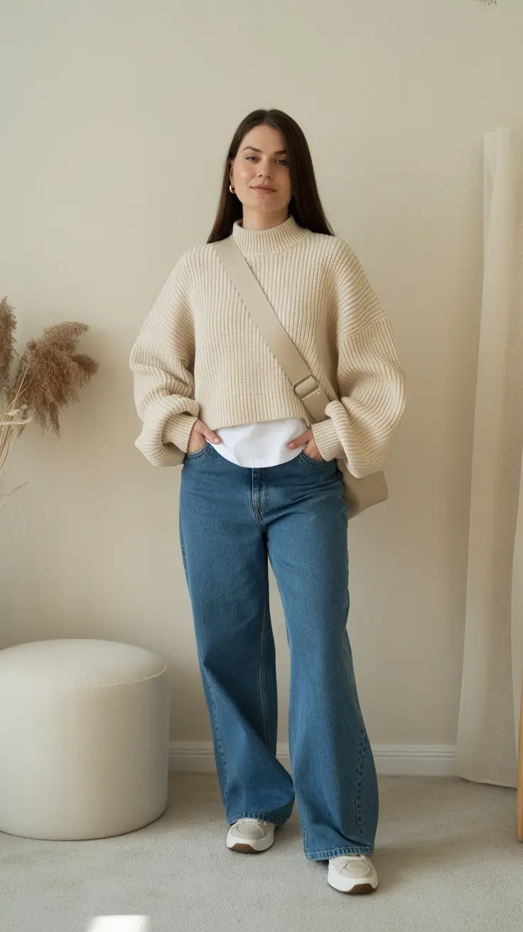 Fall sweater outfits 2026 - Soft Beige Volume With Classic Trainers