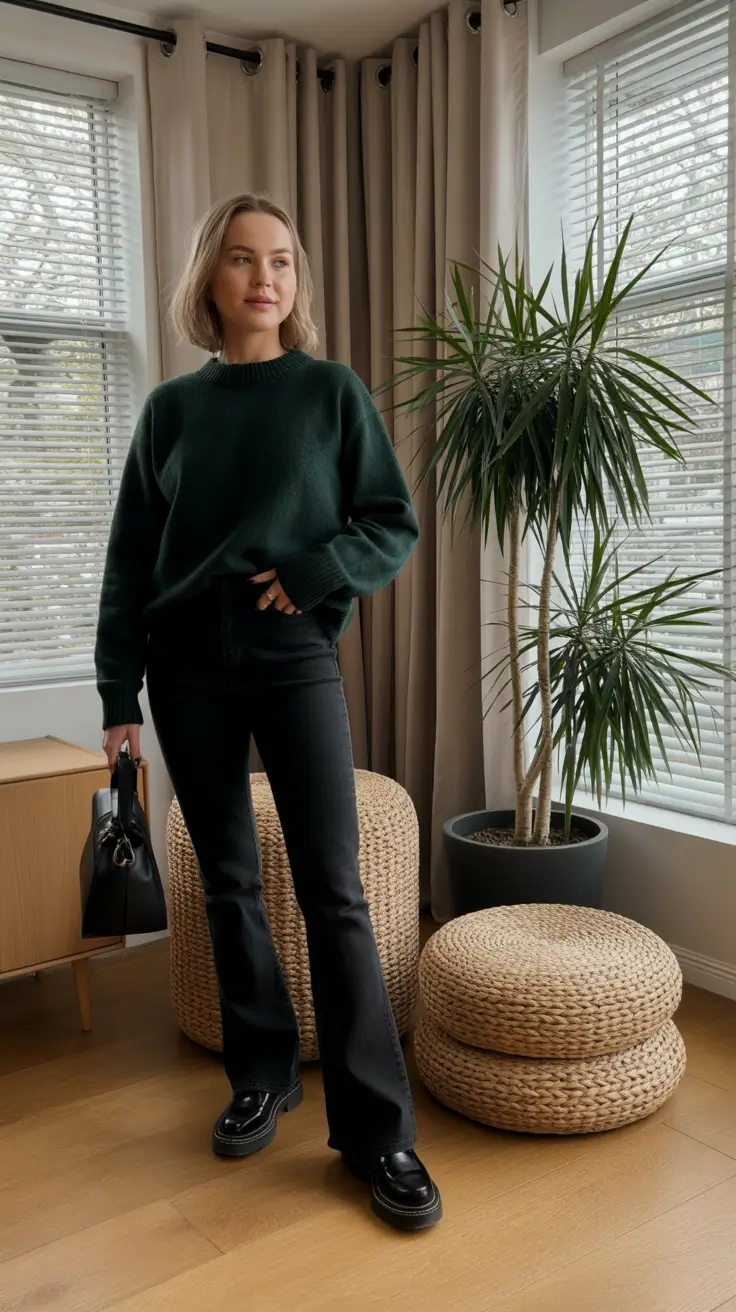 Fall sweater outfits 2026 - Deep Green Knit And Sleek Flare
