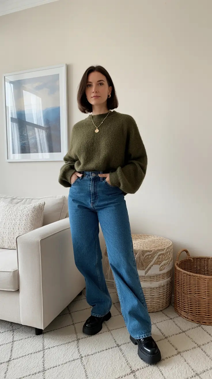 Fall sweater outfits 2026 - Forest Knit With Minimal Gold