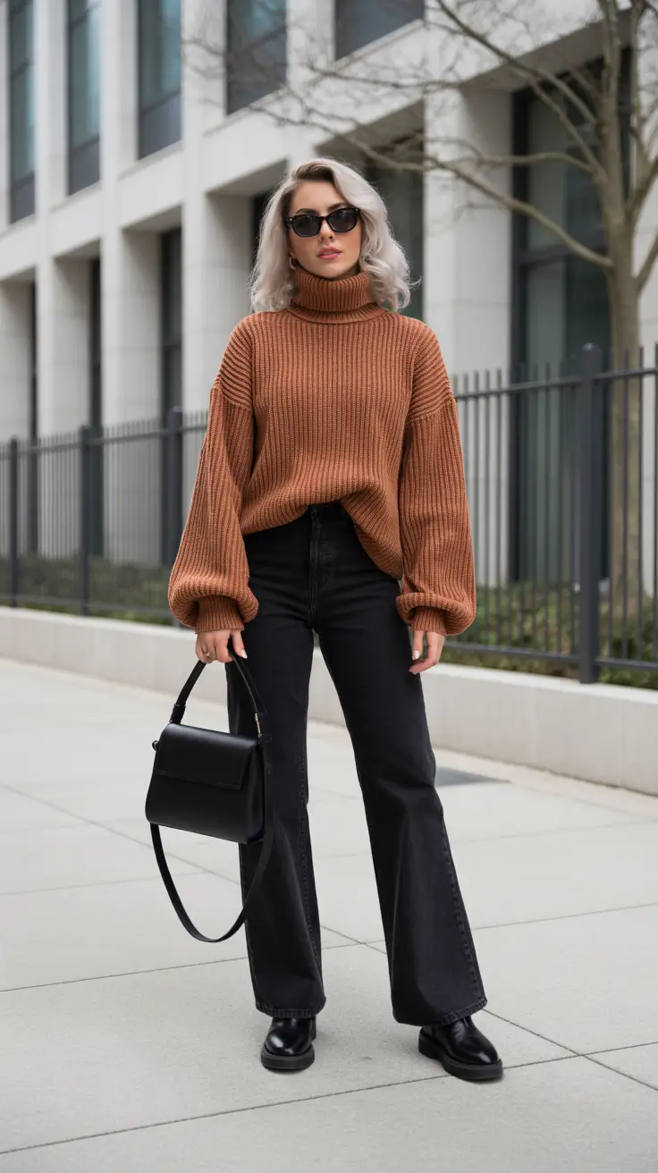 Fall sweater outfits 2026 - Rust Turtleneck With Black Flares