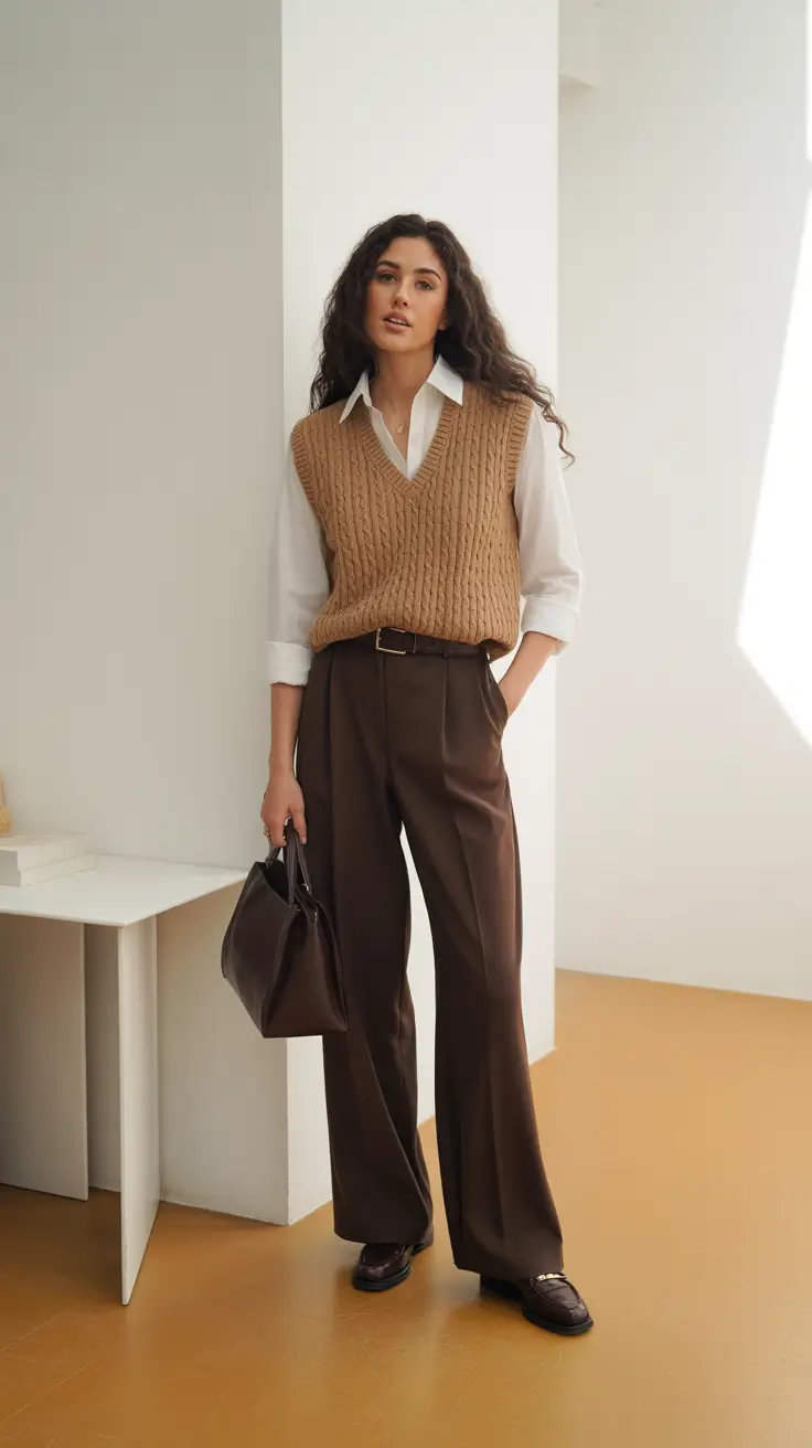 Cute trendy outfits 2026 - Preppy Knit Vest And Tailored Chocolate Trousers
