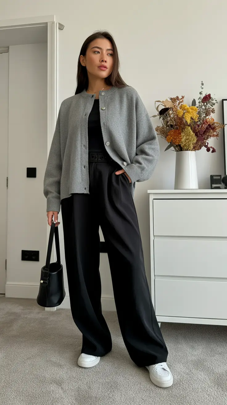 Cute trendy outfits 2026 - Soft-Grey Cardigan With Black Wide-Leg Flow