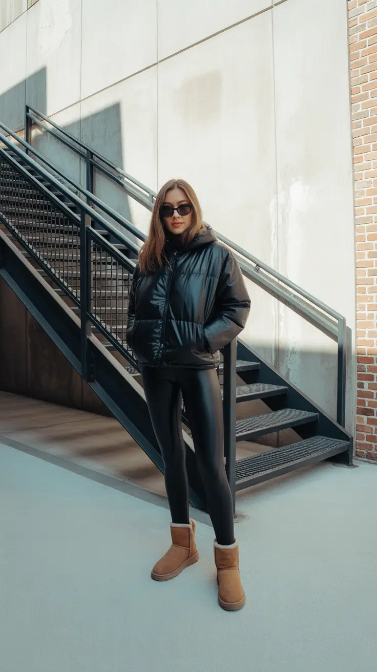 Ugg outfit ideas 2026 - All Black Puffer With Sleek Leggings