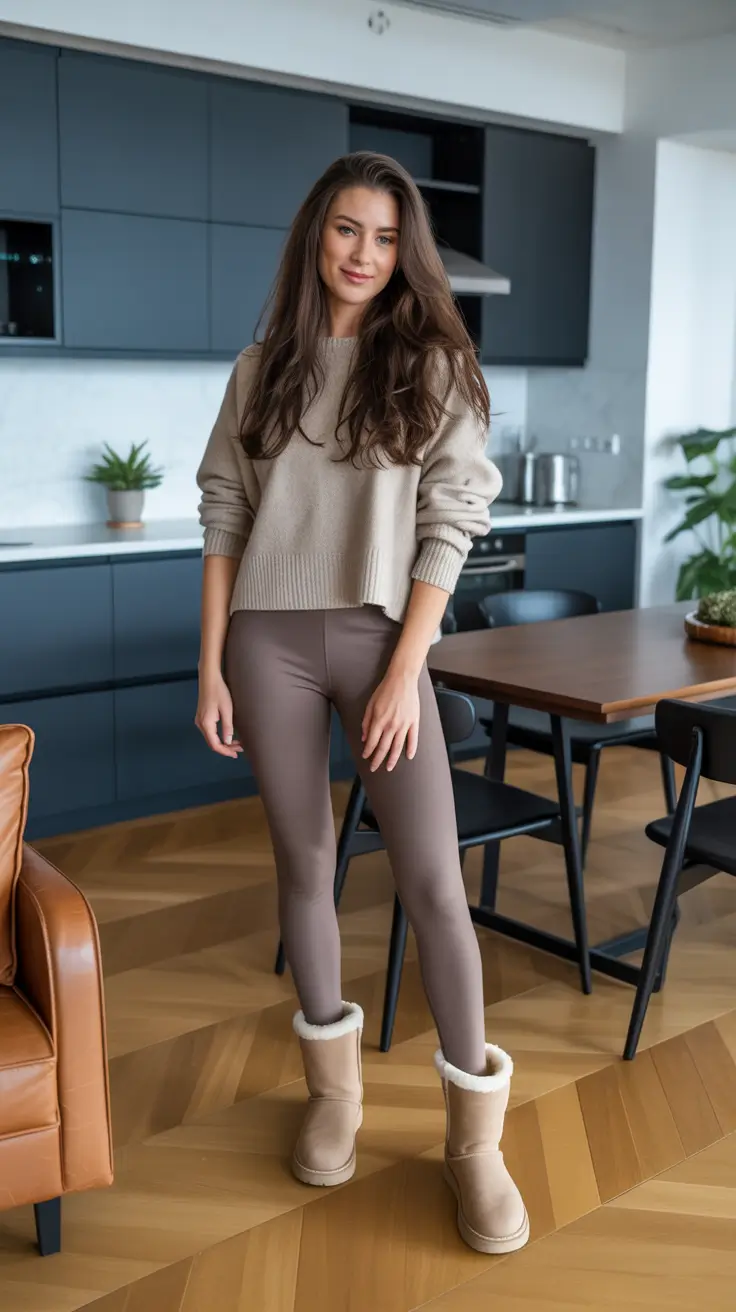 Ugg outfit ideas 2026 Beige Knit And Leggings With Cozy Uggs