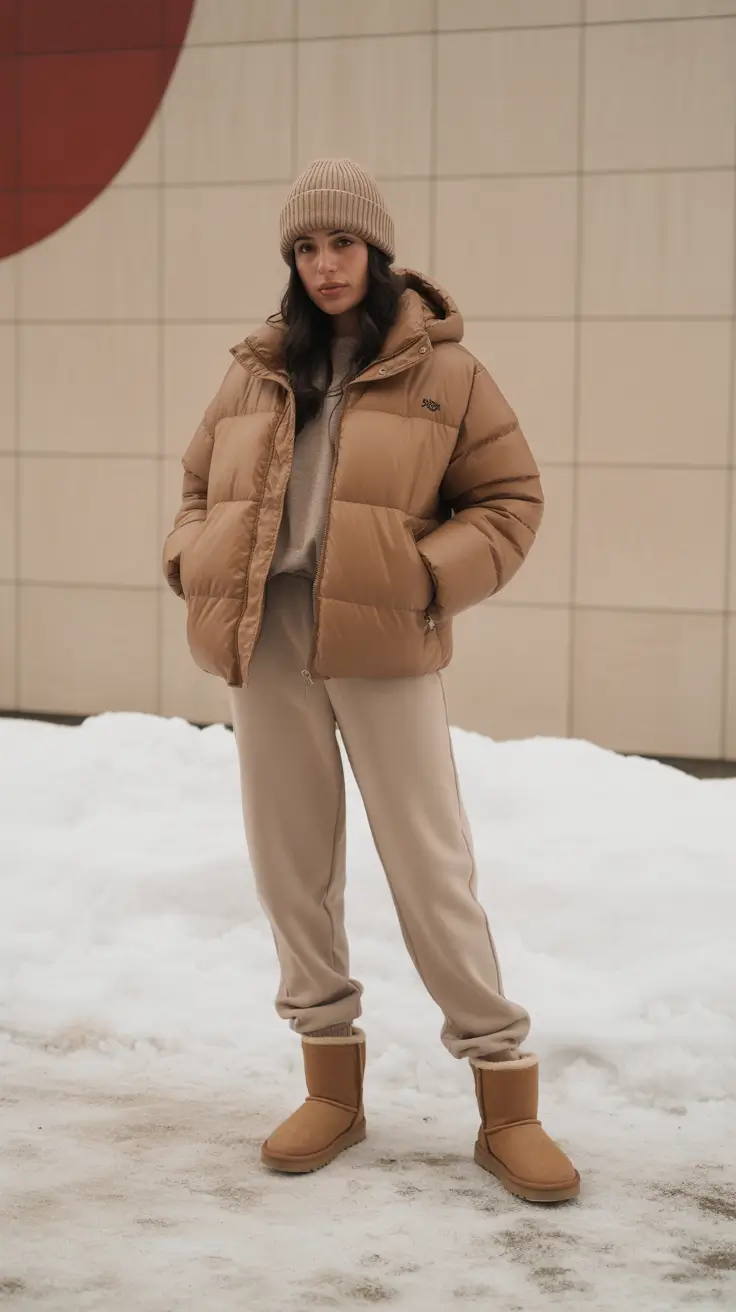 Ugg outfit ideas 2026 Snow Day Neutrals With Puff Jacket And Uggs