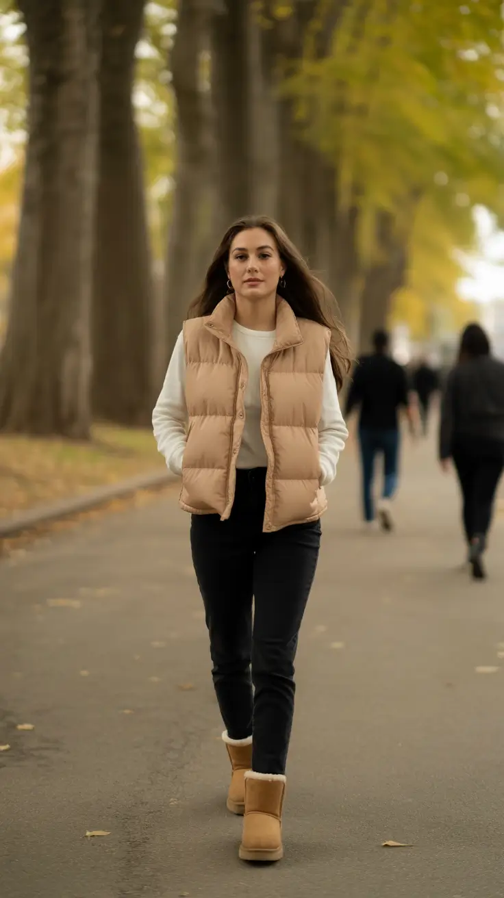 Ugg outfit ideas 2026 Fall Stroll With Vest, Jeans And Uggs
